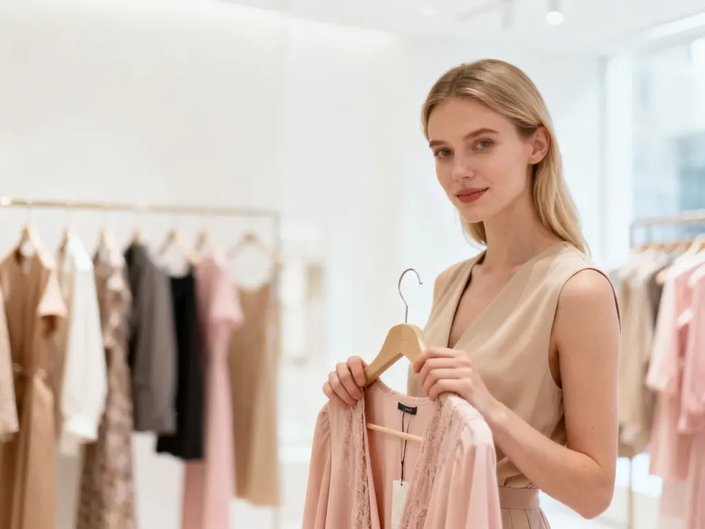 Stylowa kobieta w minimalistycznym butiku wybiera elegancką odzież, prezentując inspirację do poszukiwania własnego stylu.