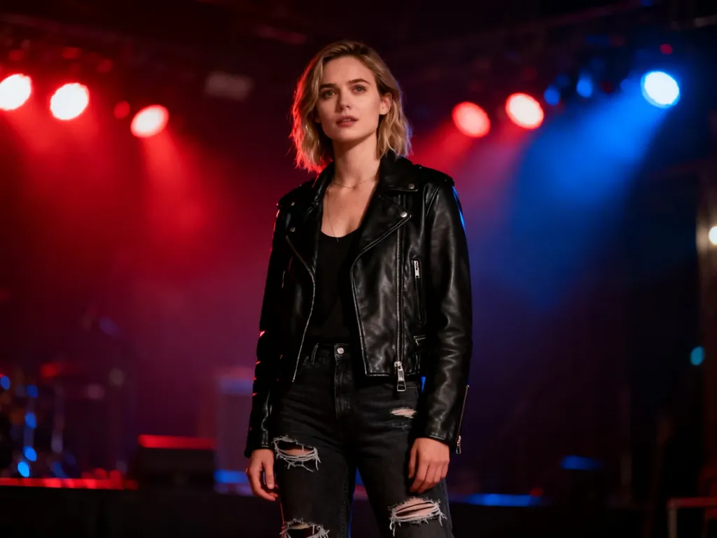 Stylowa kobieta w skórzanej kurtce i podartych jeansach na tle koncertowych świateł, idealna inspiracja na rockowy koncert.