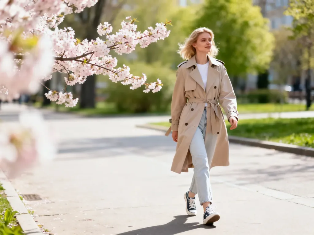 Stylowa kobieta w trenczu i jeansach spaceruje wiosenną ulicą obok kwitnącej wiśni, prezentując modną stylizację na co dzień.